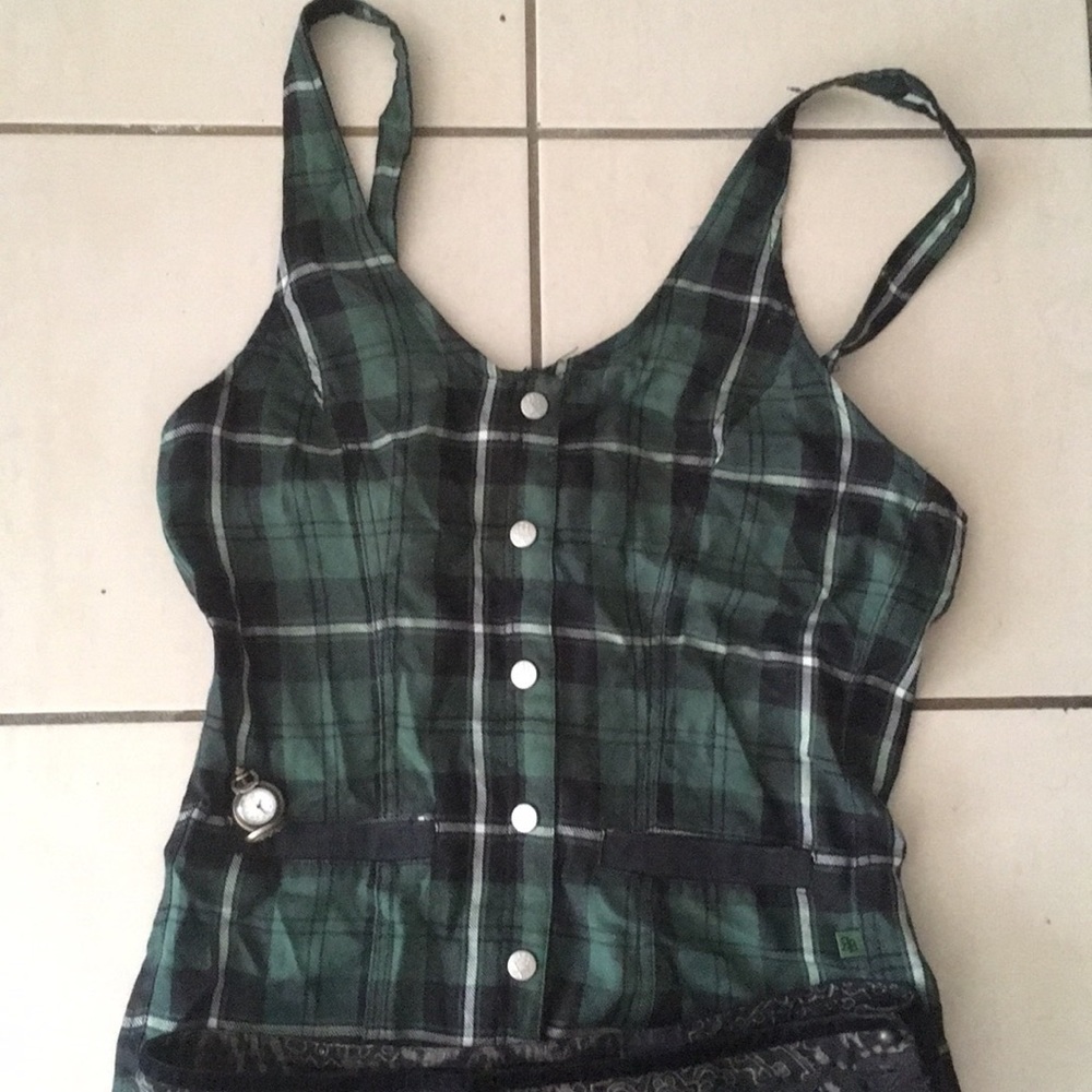 Tripp NYC green plaid vest goth emo steampunk